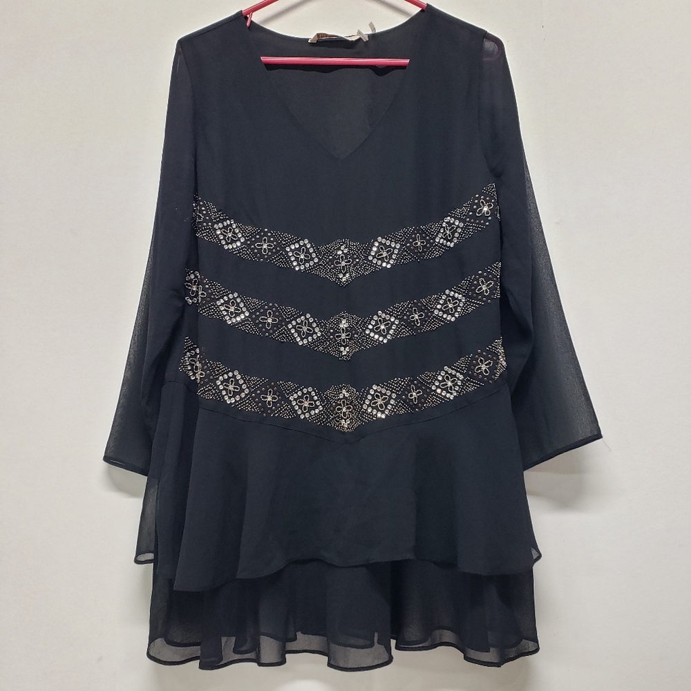 Soft Surroundings Tunic Top Size MP Black Tiered Beaded Embellished Chiffon Goth